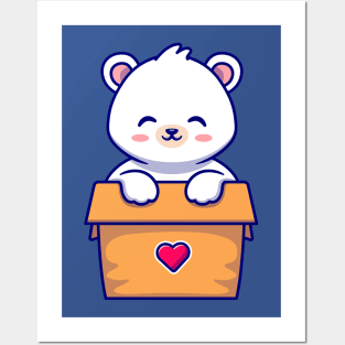 Cute Polar Bear Playing In Box Cartoon Posters and Art